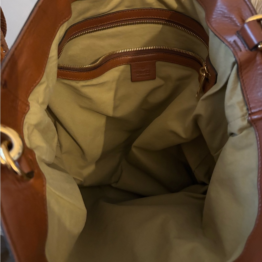 GUCCI Tan and Brown Canvas Tote with Red and Green Stripe - Picture 5 of 6